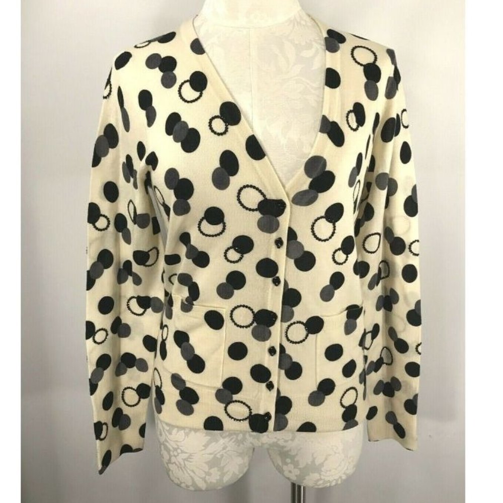 J Crew L Cardigan Sweater Ivory Black Gray Circles